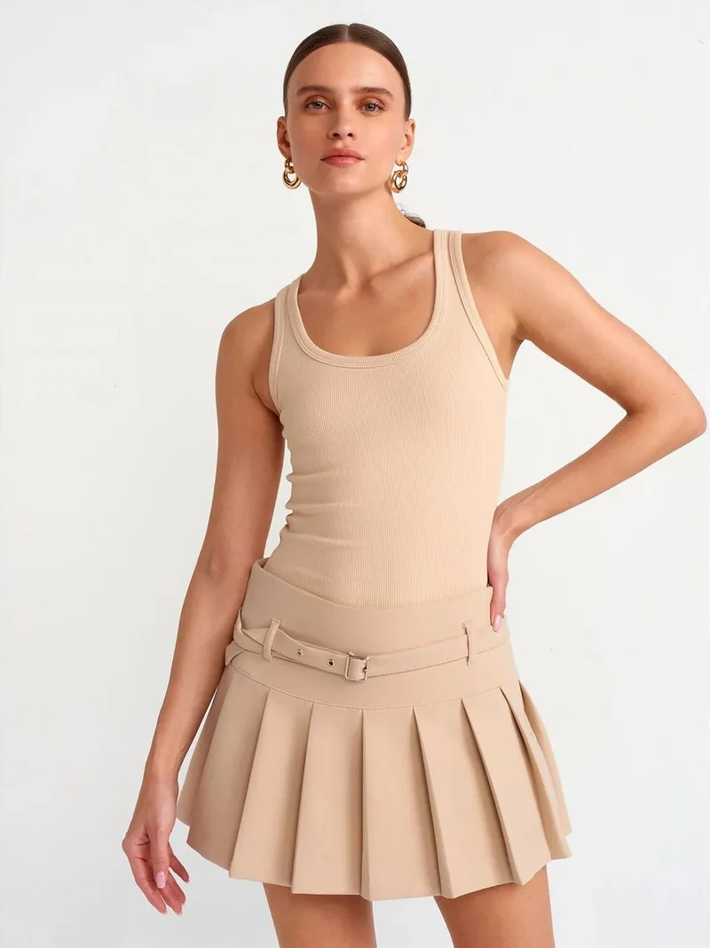Dilvin DILVIN High-Waist Pleated Mini Skirt With Belt