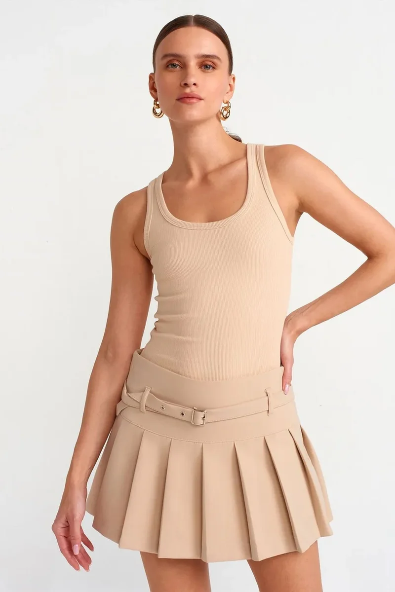 Dilvin Beige Natural DILVIN High-Waist Pleated Mini Skirt With Belt for Women | Best Price UAE