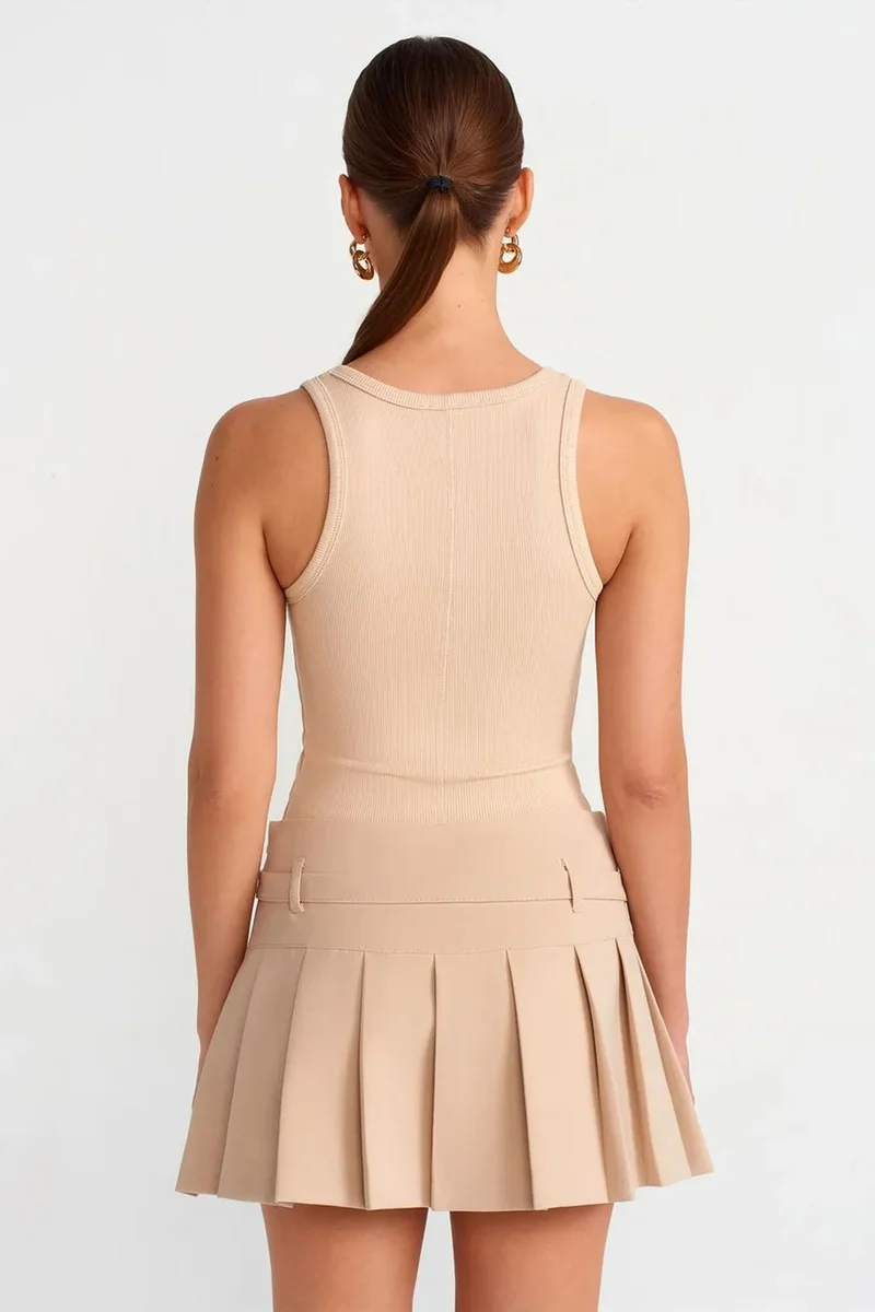 Dilvin Beige Natural DILVIN High-Waist Pleated Mini Skirt With Belt for Women | Best Price UAE