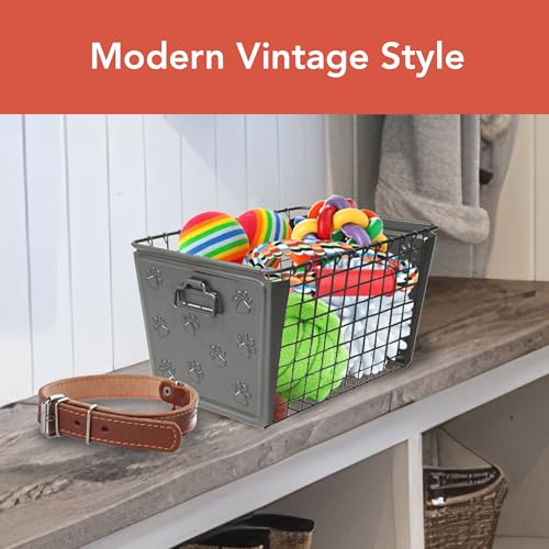 Spectrum Diversified Paws Macklin Basket Steel Bin with Cute Pawprint Design, Pet Accessory Rust-Resistant Finish, Cat & Dog Toy Organization & Storage, Medium, Industrial Gray - Image 2