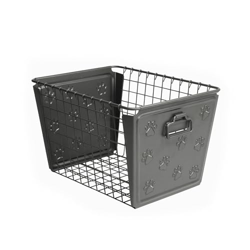 Spectrum Diversified Paws Macklin Basket Steel Bin with Cute Pawprint Design, Pet Accessory Rust-Resistant Finish, Cat & Dog Toy Organization & Storage, Medium, Industrial Gray - Image 1