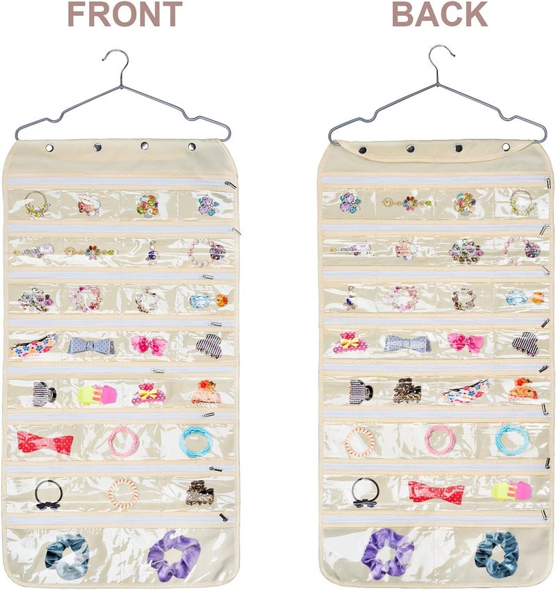 Luney Hanging Jewelry Organizer with Zippers, 56 Pockets Earring Holder Organizer with Pockets for Woman, for Hanging Earrings, Necklaces, Bracelets, Rings, Storage, Closet (Beige) - Image 3