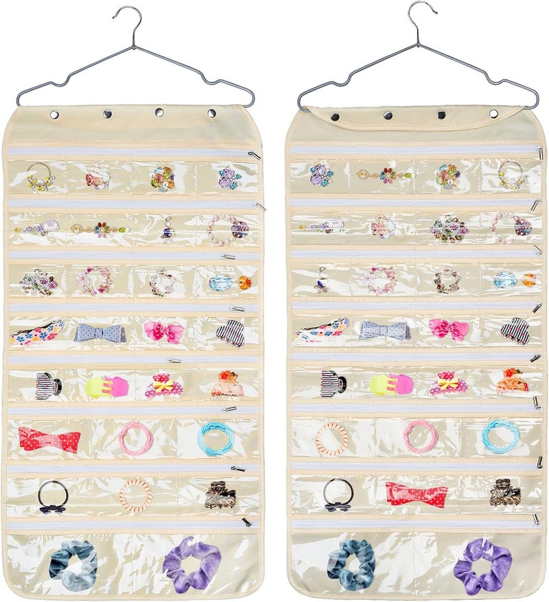 Luney Hanging Jewelry Organizer with Zippers, 56 Pockets Earring Holder Organizer with Pockets for Woman, for Hanging Earrings, Necklaces, Bracelets, Rings, Storage, Closet (Beige) - Image 1