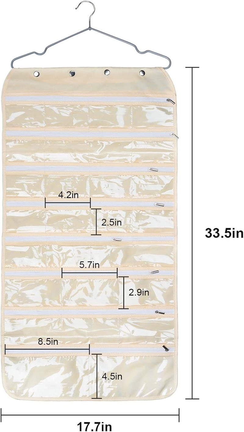 Luney Hanging Jewelry Organizer with Zippers, 56 Pockets Earring Holder Organizer with Pockets for Woman, for Hanging Earrings, Necklaces, Bracelets, Rings, Storage, Closet (Beige) - Image 4