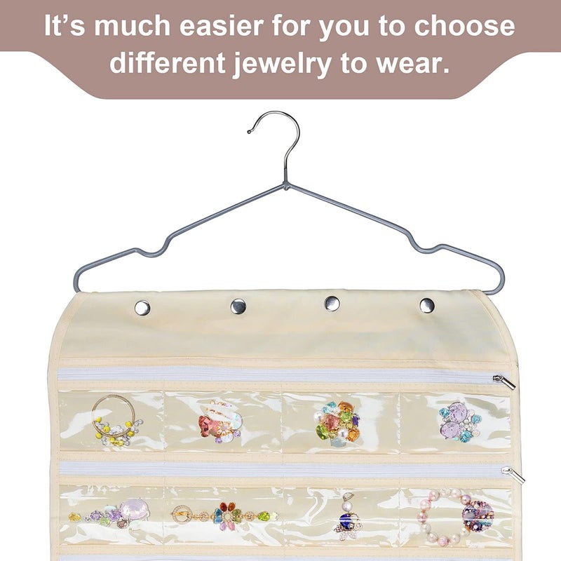 Luney Hanging Jewelry Organizer with Zippers, 56 Pockets Earring Holder Organizer with Pockets for Woman, for Hanging Earrings, Necklaces, Bracelets, Rings, Storage, Closet (Beige) - Image 5