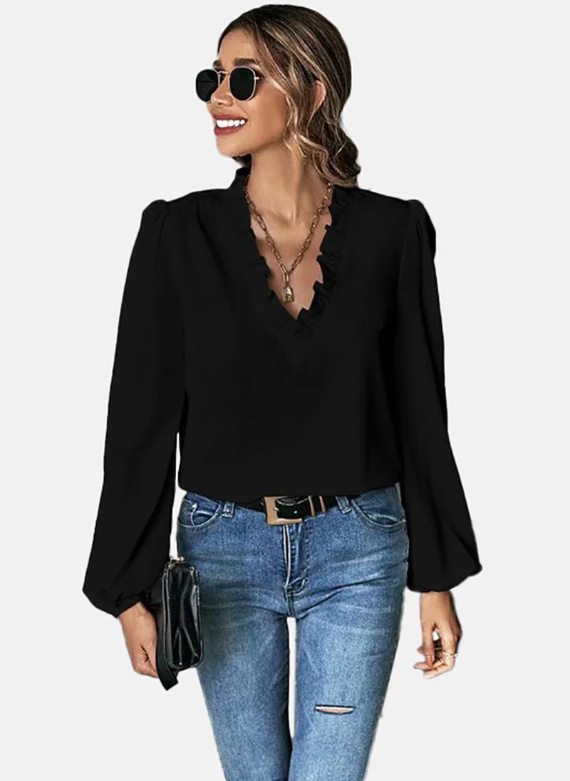 YUNIQEE Black Solid Relaxed Long Sleeve Top