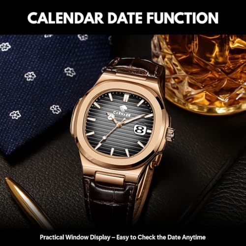 CARNAER Men Octagonal Rose Gold Luxury Watch for Boy Black Striped Dial, Date Display, Luminous Markers, 30M Waterproof, Leather Strap, Quartz Movement (Black) - Image 4