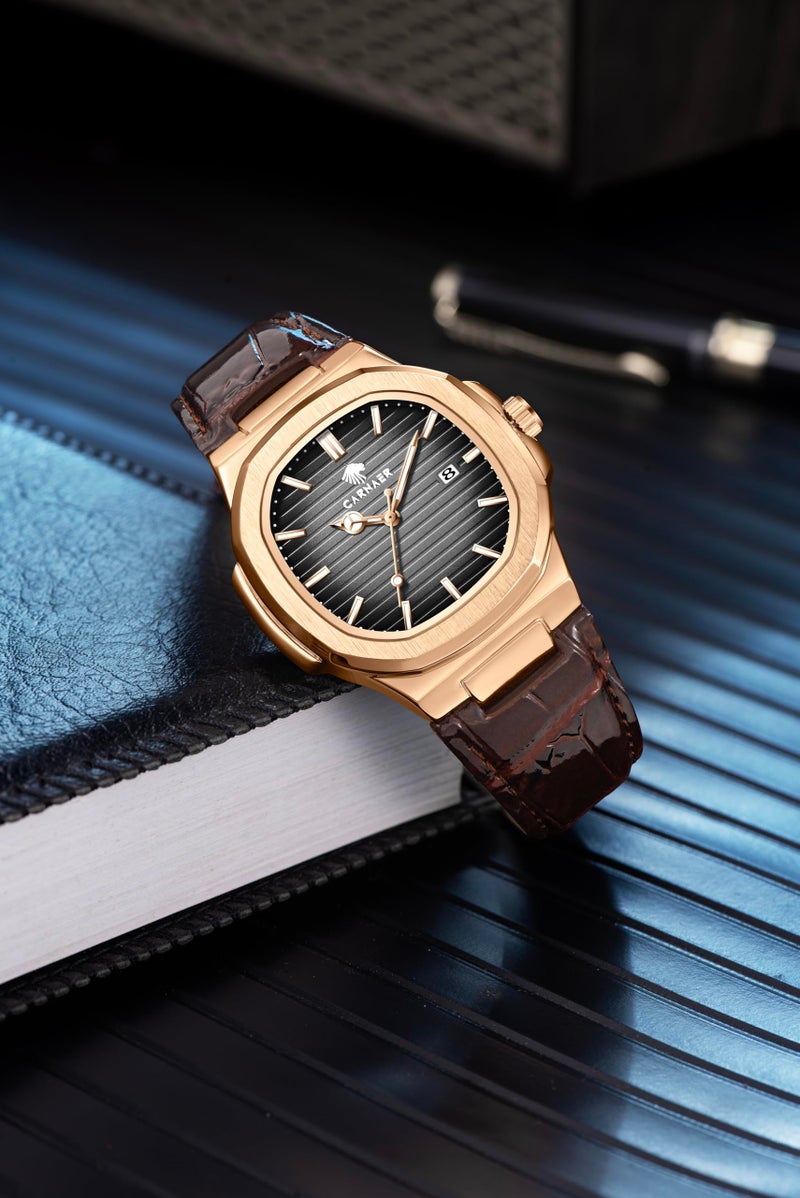 CARNAER Men Octagonal Rose Gold Luxury Watch for Boy Black Striped Dial, Date Display, Luminous Markers, 30M Waterproof, Leather Strap, Quartz Movement (Black) - Image 2