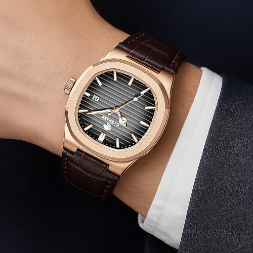 CARNAER Men Octagonal Rose Gold Luxury Watch for Boy Black Striped Dial, Date Display, Luminous Markers, 30M Waterproof, Leather Strap, Quartz Movement (Black) - Image 3