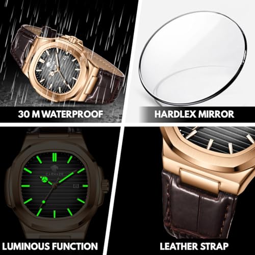 CARNAER Men Octagonal Rose Gold Luxury Watch for Boy Black Striped Dial, Date Display, Luminous Markers, 30M Waterproof, Leather Strap, Quartz Movement (Black) - Image 5
