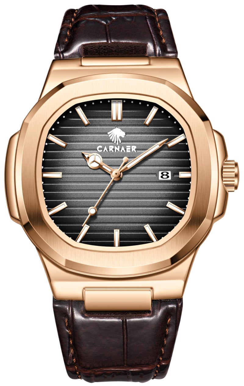 CARNAER Men Octagonal Rose Gold Luxury Watch for Boy Black Striped Dial, Date Display, Luminous Markers, 30M Waterproof, Leather Strap, Quartz Movement (Black) - Image 1
