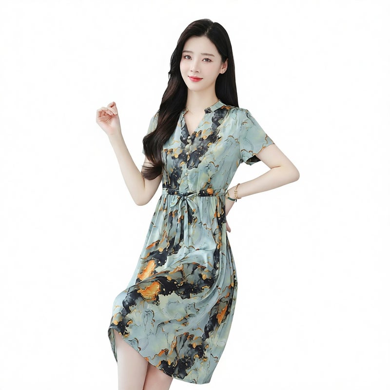Chiffon Dress Short Sleeve High Waist Slim Fit Floral Print Maxi Dress - Image 1