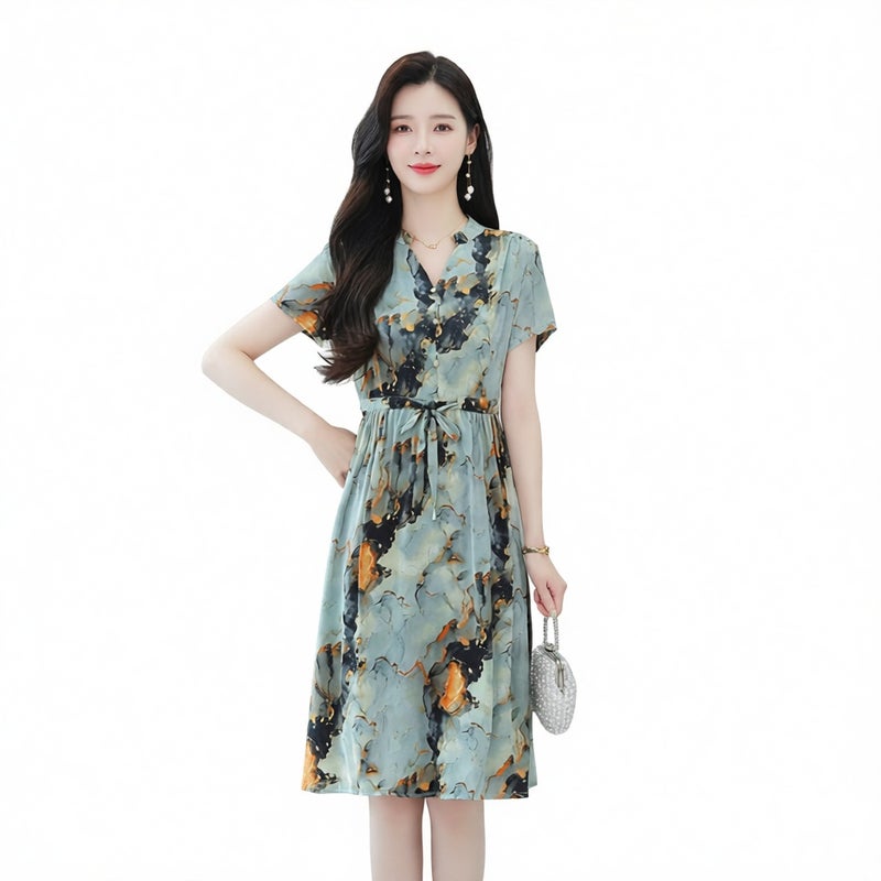 Chiffon Dress Short Sleeve High Waist Slim Fit Floral Print Maxi Dress - Image 2