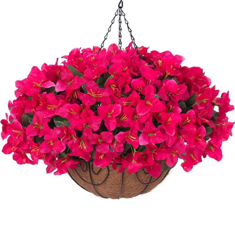 HyeFlora Artificial Fake Hanging Flowers Plants Basket for Outdoors Decoration, Faux Silk Bougainvillea Flowers in Planter Look Real UV Resistant Faux Flower for Porch Home Patio Garden Yard (Hotpink) - Image 1