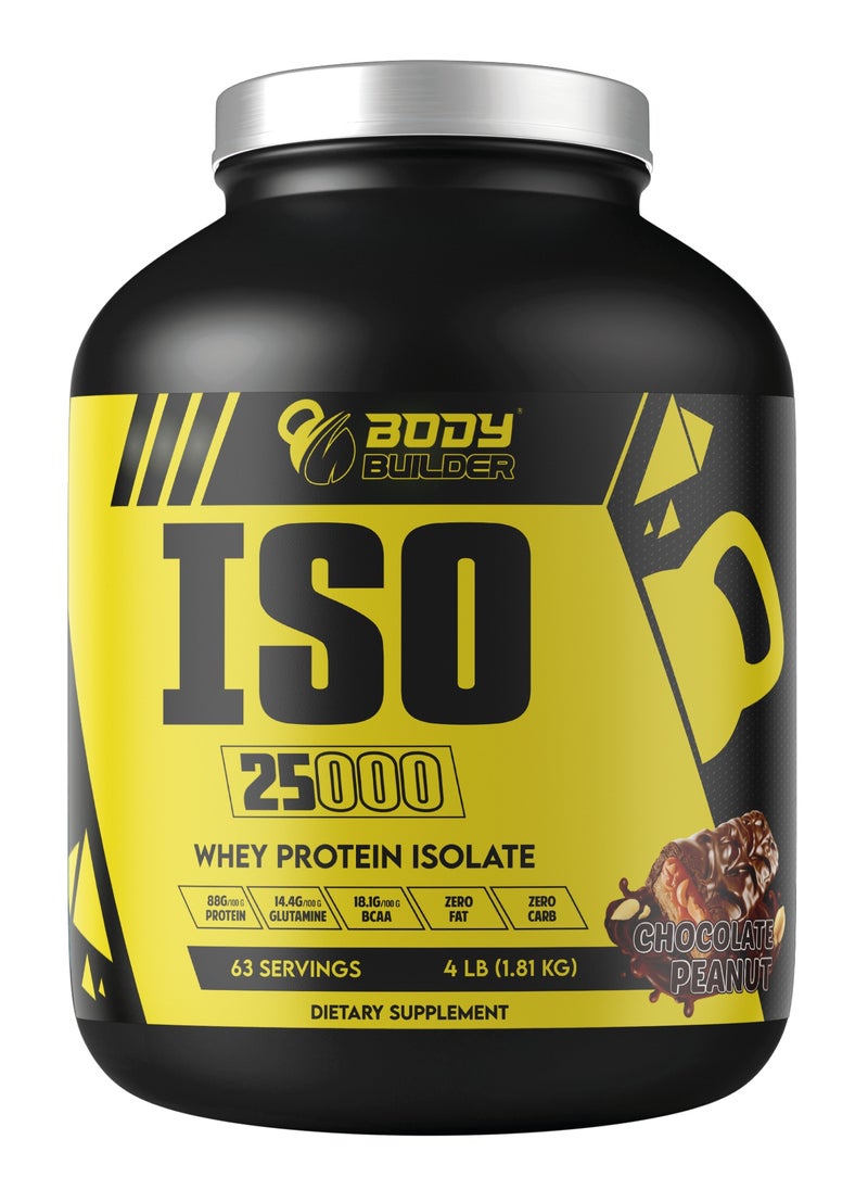 بودي بيلدر بودي بيلدر ISO 25000 - الشوكولاتة بالفول السوداني - 4 رطل - 88 جرام بروتين - يعزز نمو العضلات والتعافي - بدون دهون، بدون سكر، بدون كربوهيدرات - عزل بروتين اللبن النقي الفاخر  - Image 1