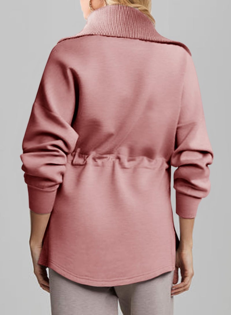 Dokotoo Oversized Sweatshirt for Women Zip Up Long Sleeve Drawstring Waist Casual Lightweight Soft Pullover Quarter Zipper Sweatshirts Tunic Tops Hoodies Fall Winter Outfits Clothes Pink Small - Image 2