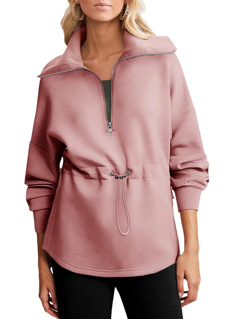Dokotoo Oversized Sweatshirt for Women Zip Up Long Sleeve Drawstring Waist Casual Lightweight Soft Pullover Quarter Zipper Sweatshirts Tunic Tops Hoodies Fall Winter Outfits Clothes Pink Small - Image 1