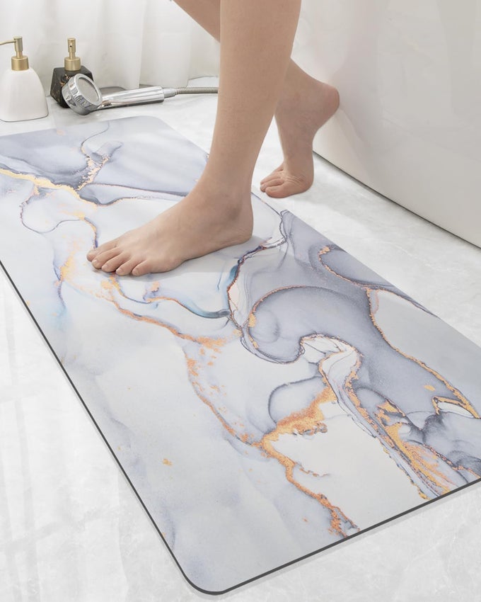 BATHROOM MAT ULTRA THIN NON SLIP BATH RUG FOR SHOWER FLOOR ABSORBENT QUICK DRY MARBLE BATHMATS LOW PROFILE 17X43 LIGHT GREY