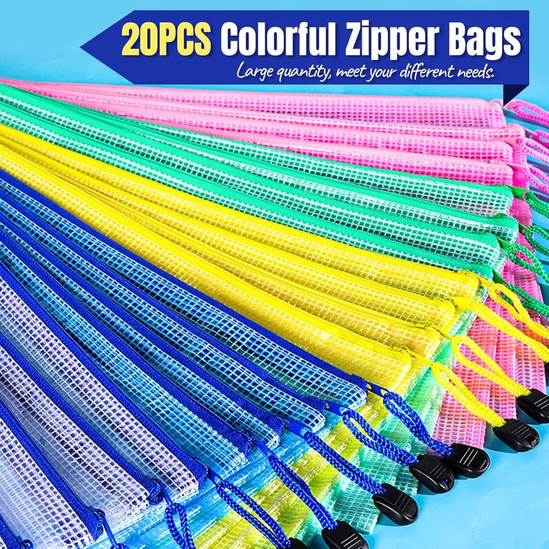 LEOBRO 20PCS Zipper Pouch, A4 Mesh Zipper Pouch Bags, Waterproof Bag, Mesh Bags for Classroom Organization, Toy Storage, School Supplies, Travel Essentials, File Jackets & File Pockets - Image 3