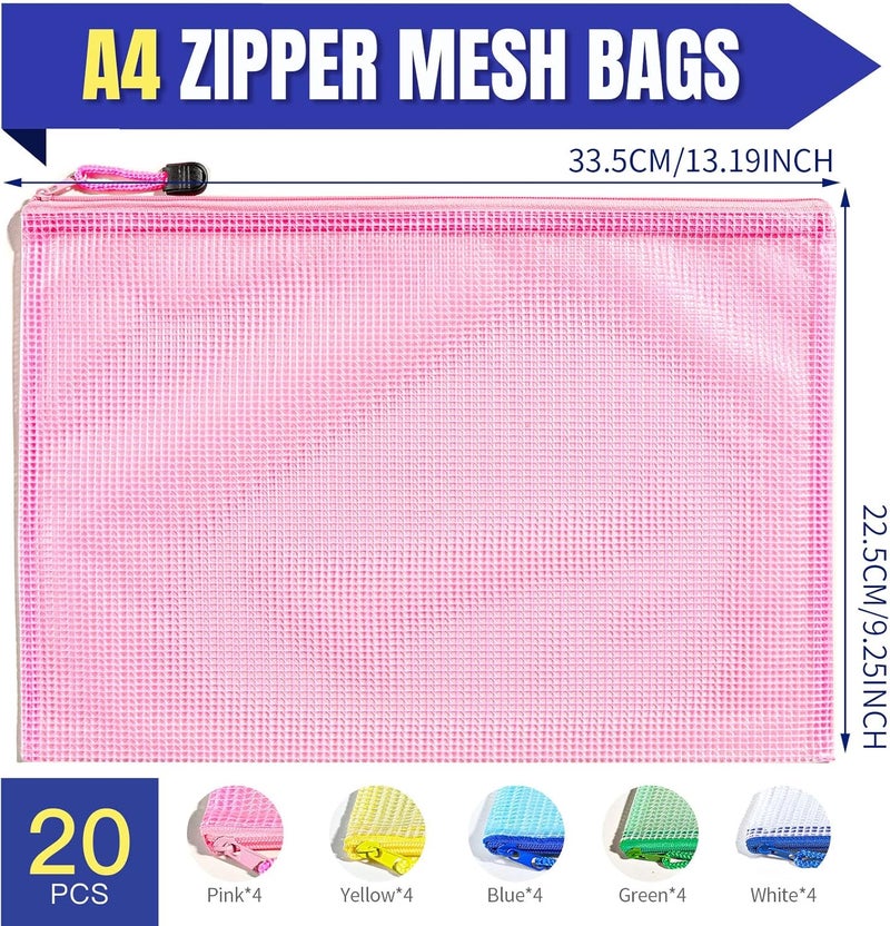 LEOBRO 20PCS Zipper Pouch, A4 Mesh Zipper Pouch Bags, Waterproof Bag, Mesh Bags for Classroom Organization, Toy Storage, School Supplies, Travel Essentials, File Jackets & File Pockets - Image 2