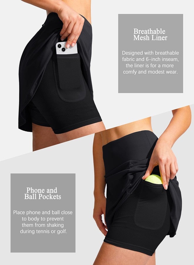 SANTINY High Waist Zipper Pocket Knee Length Athletic Skort for Women Golf Tennis Black L - Image 4