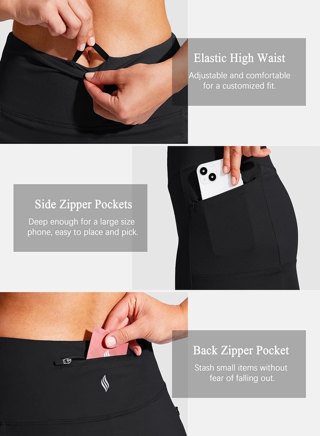 SANTINY High Waist Zipper Pocket Knee Length Athletic Skort for Women Golf Tennis Black L - Image 3