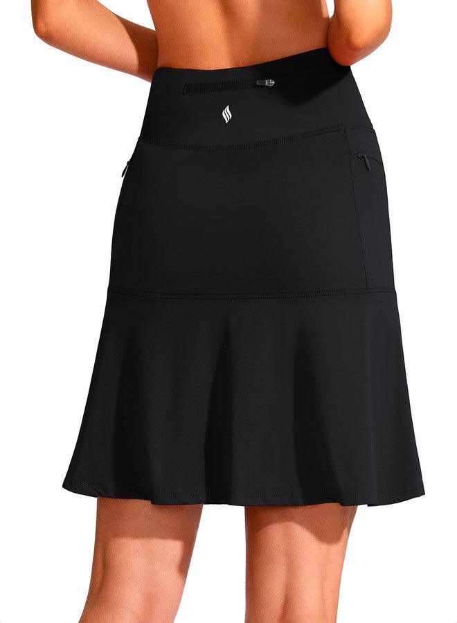 SANTINY High Waist Zipper Pocket Knee Length Athletic Skort for Women Golf Tennis Black L - Image 1