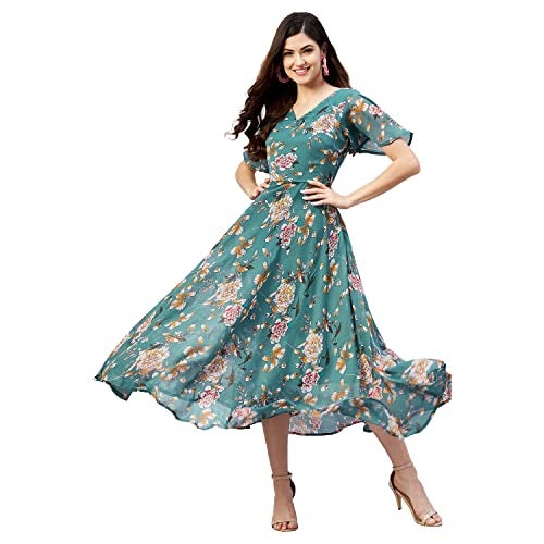 Rare Women Casual Teal Colour Calf Length Fit & FlareFloral Dress, Large - Image 1