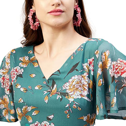 Rare Women Casual Teal Colour Calf Length Fit & FlareFloral Dress, Large - Image 5