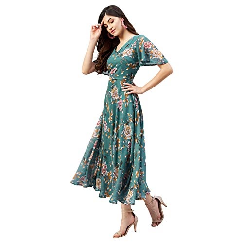 Rare Women Casual Teal Colour Calf Length Fit & FlareFloral Dress, Large - Image 2