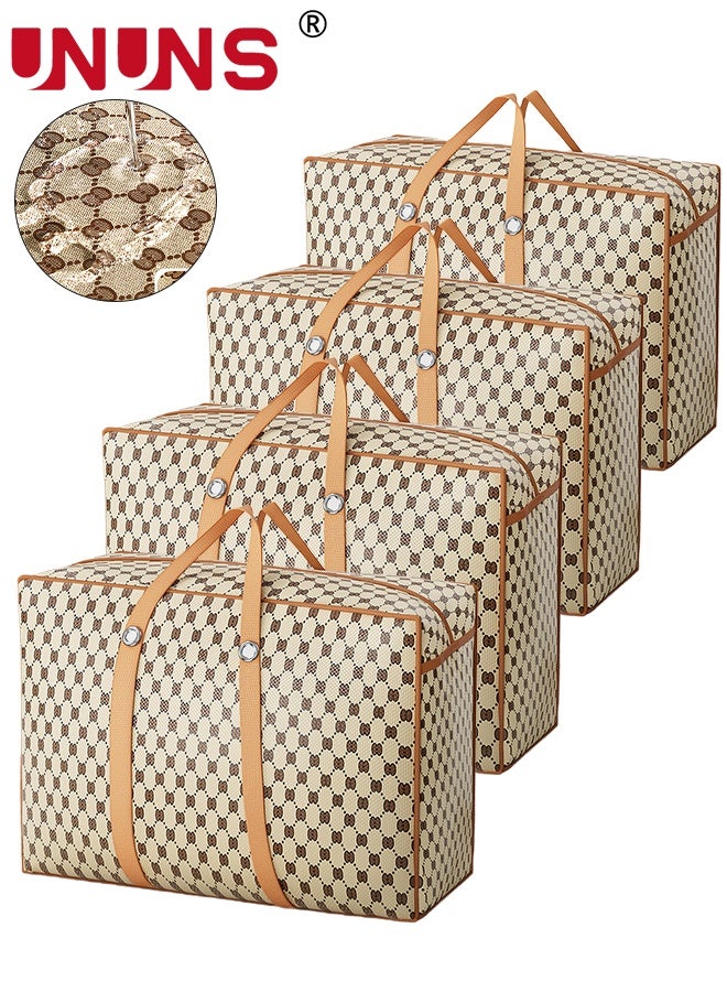 UNUNS 4 Pack Moving Bags,Large Moving Boxes with Zippers And Handles,Moving Supplies with Lids,Heavy Duty Totes For Storage Bags For Space Saving,Fold Flat,Moving And Storing,90*57*26CM,Brown Polka Pots - Image 1