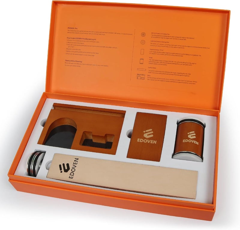 EDOVEN Rolling Knife Sharpener Kit – Complete Luxury Set with Leather Strop, Stand & 2 Extra Discs | Premium Beech Wood Magnetic Sharpener | Kitchen & Pocket Knife Sharpening Tool - Image 1