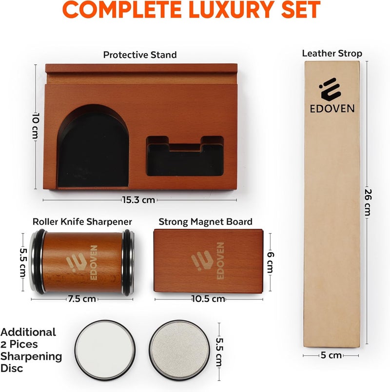 EDOVEN Rolling Knife Sharpener Kit – Complete Luxury Set with Leather Strop, Stand & 2 Extra Discs | Premium Beech Wood Magnetic Sharpener | Kitchen & Pocket Knife Sharpening Tool - Image 3
