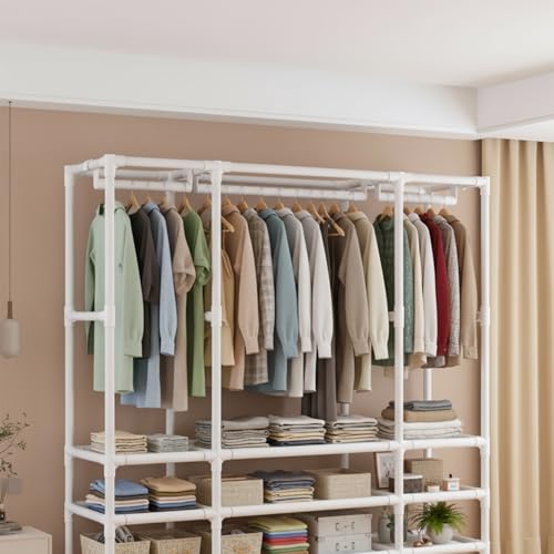 WEALTHYHEART Portable Closet,Portable Closets for Hanging Clothes,Japanese Style Wardrobe with 3 Hanging Rods,9 Storage Shelves,56.2" L x 17.7" W x 65.1" H,White - Image 2