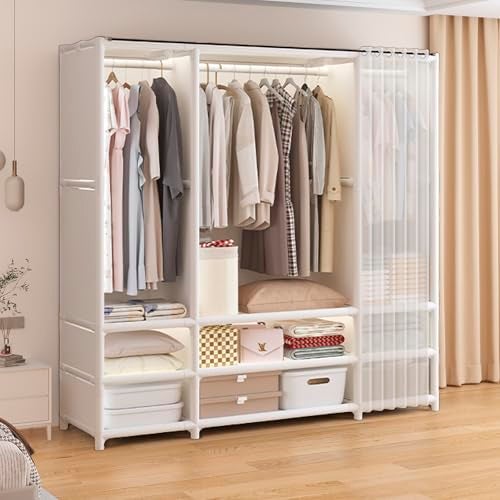 WEALTHYHEART Portable Closet,Portable Closets for Hanging Clothes,Japanese Style Wardrobe with 3 Hanging Rods,9 Storage Shelves,56.2" L x 17.7" W x 65.1" H,White - Image 3
