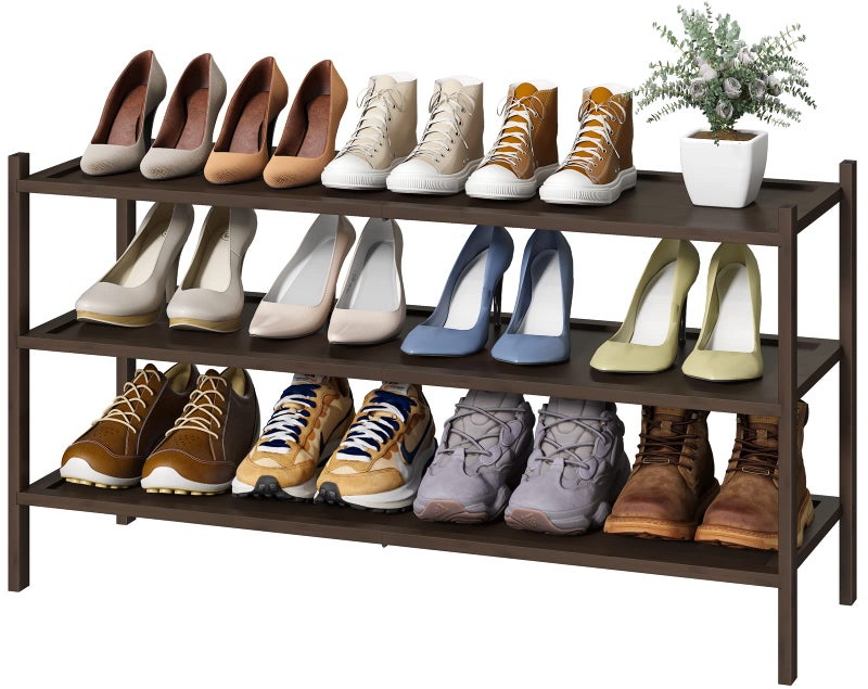 kiplant 3Tier Long Shoe Rack Bamboo Wood Shoe Rack for Entryway Stackable  Foldable  Natural Shoe Organizer for Hallway Closet Free Standing Shoe Racks for Indoor Outdoor