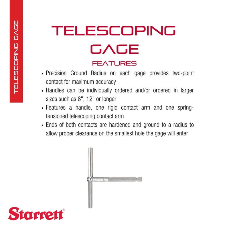 Starrett Telescoping Gage with One Arm - Ideal for Determining True Size of Holes, Slots and Recesses - 2-1/8" - 3-1/2" Range, 2-3/8" Handle Length - 229D - Image 2