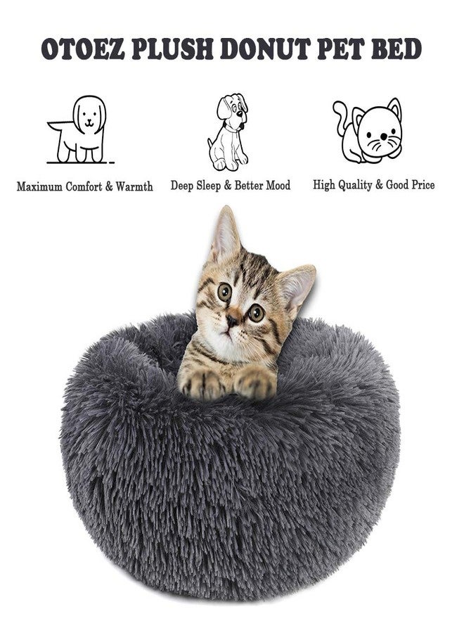 otoez Kitten Puppy Bed Extra Small XS Round Dog Cat Beds Anti Anxiety Plush Pet Calming Donut Bed with Non-Slip Waterproof Bottom, Washable (15.7", Dark Grey) - Image 2