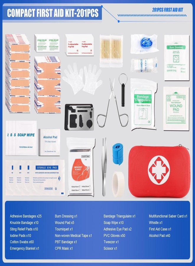 KNVBIN Mini Travel First Aid Kit, Emergency Kit with 201PCS First Aid Supplies and Waterproof Compact Bag, Survival Medical Kit for Home Car Office Camping Hiking - Image 3
