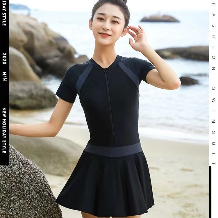 Summer New One-piece Contrast Color Stitching Swimsuit Student Skirt Style Conservative Swimsuit with Chest Pad One-piece Swimsuit Whole(Black, L：100-120) - Image 4