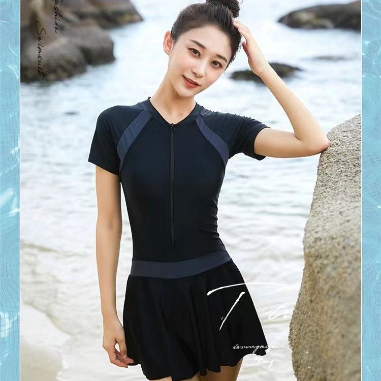 Summer New One-piece Contrast Color Stitching Swimsuit Student Skirt Style Conservative Swimsuit with Chest Pad One-piece Swimsuit Whole(Black, L：100-120) - Image 5