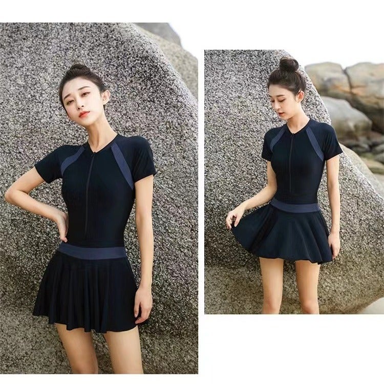 Summer New One-piece Contrast Color Stitching Swimsuit Student Skirt Style Conservative Swimsuit with Chest Pad One-piece Swimsuit Whole(Black, L：100-120) - Image 2