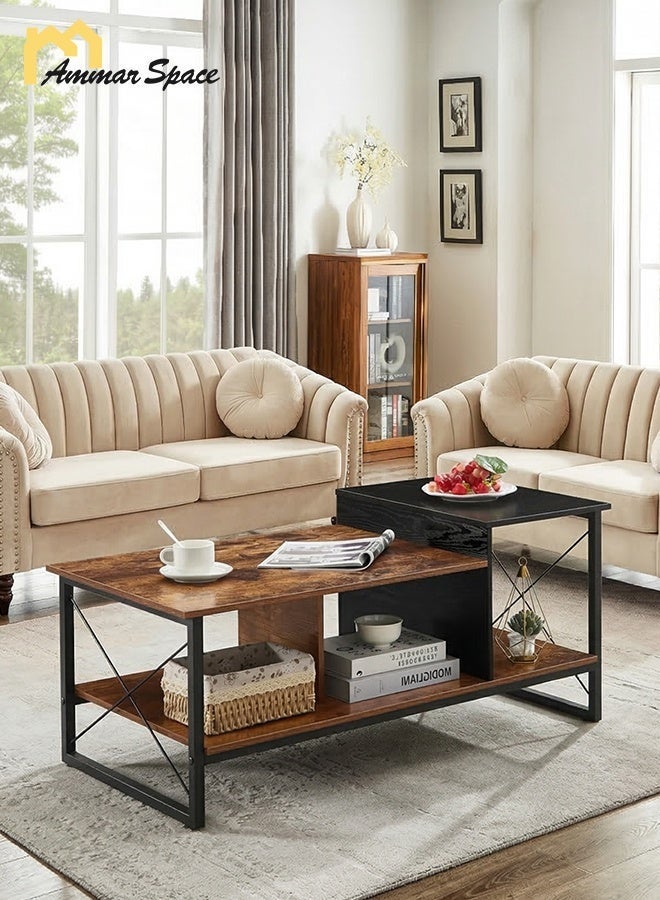 Ammar Space Coffee Table 100x40x45cm, Modern Rectangular Center Table for Living Room, 2-Tier Wood Look Tea Table with Storage Shelf, Black Metal Frame Sofa Table for Home, Apartment & Office, Rustic Brown - Image 1