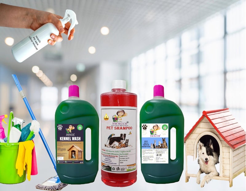 swacch Kennel Wash (Mogra) + Pet Shampoo (Strawberry) I Pet Aqua Odour Remover (Jasmine) 1 Litre Combo Pack of 3 Economical Pack I Dog and Cat Friendly - Image 2