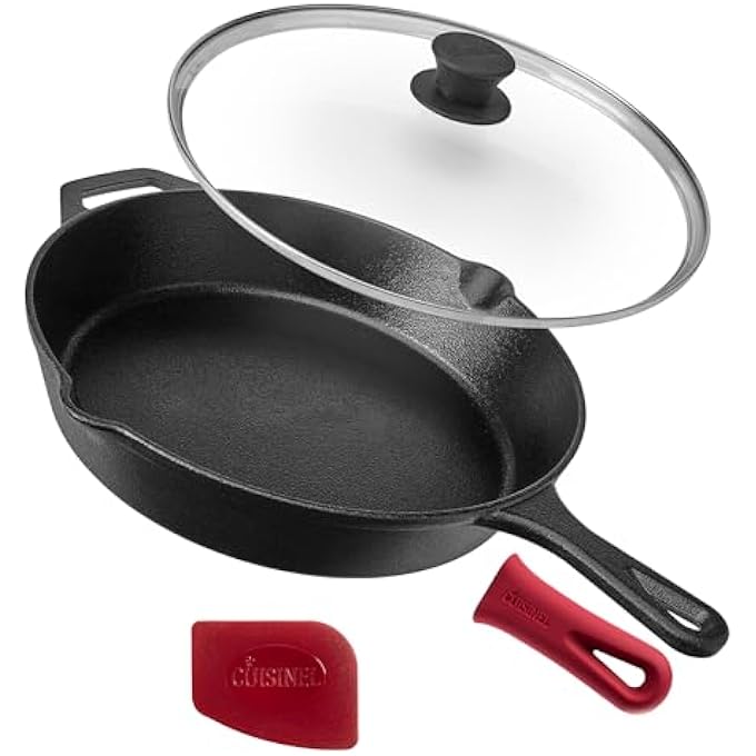 Cuisinel PreSeasoned Cast Iron Skillet 12Inch With Glass Lid And Handle Cover Oven Safe Cookware  HeatResistant Holder  Indoor And Outdoor Use  Grill Stovetop Induction Safe - Image 1