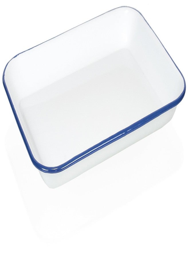 Red Co. 13.5” x 10” Enamelware Metal Classic 1.6-Quart Rectangular Serving Tray, Solid White/Navy Blue Rim - Image 1