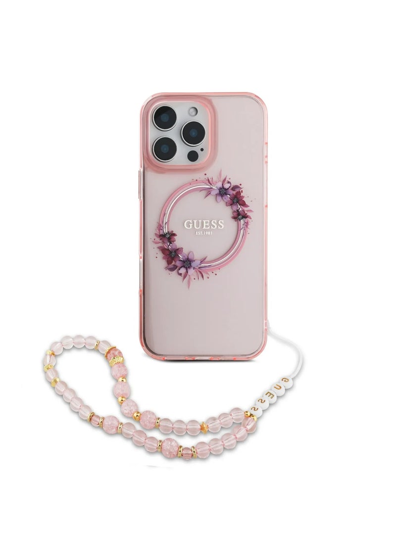GUESS iPhone 16 Pro Max Magsafe Case IML Hard Cover with Flower Wreath Design & Pearl Strap / Shock Absorption / Precise Cutouts / Slim and Lightweight Back Cover - Pink  - Image 1