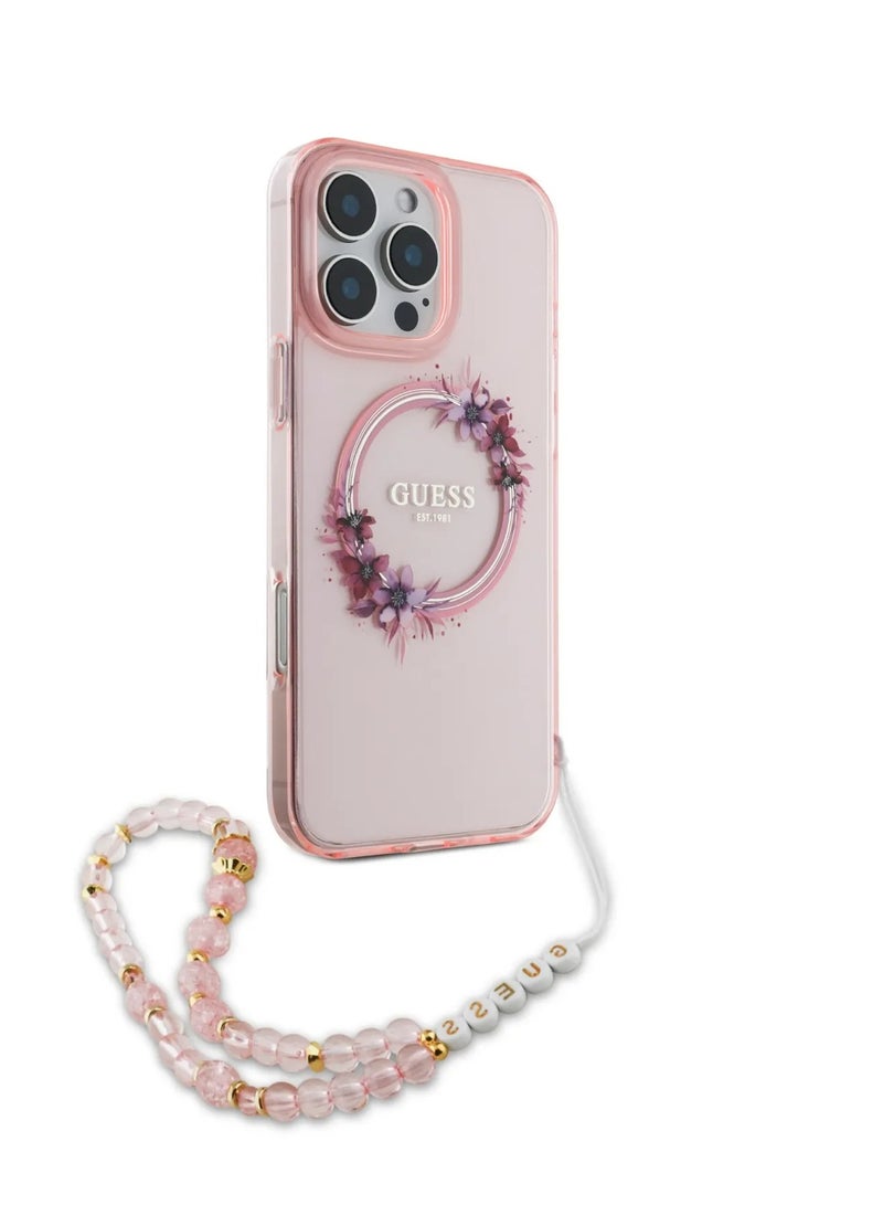 GUESS iPhone 16 Pro Max Magsafe Case IML Hard Cover with Flower Wreath Design & Pearl Strap / Shock Absorption / Precise Cutouts / Slim and Lightweight Back Cover - Pink  - Image 2