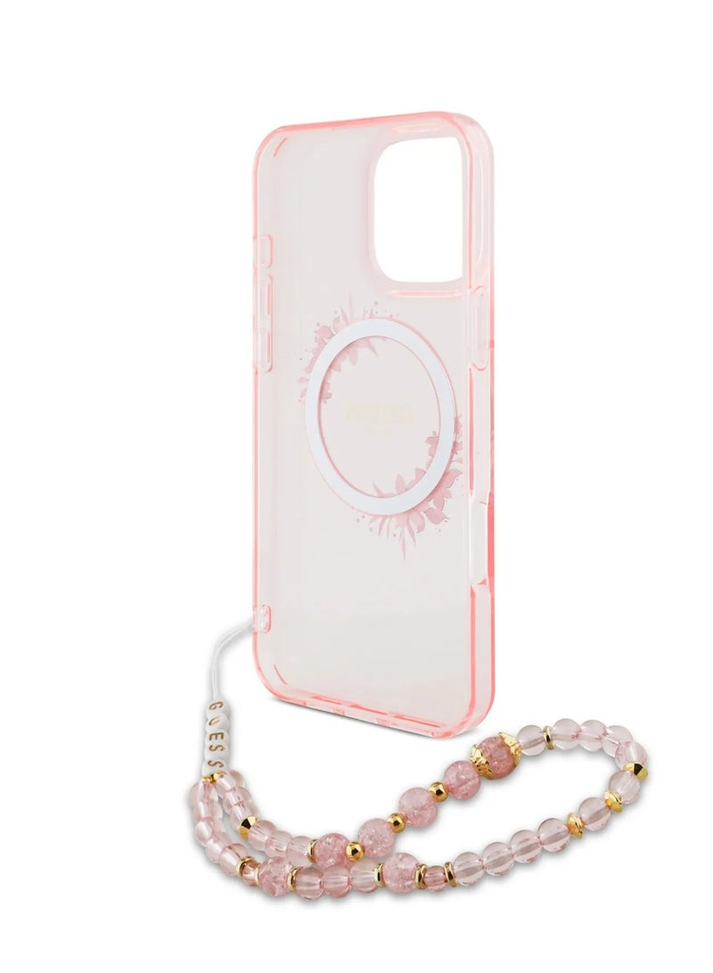 GUESS iPhone 16 Pro Max Magsafe Case IML Hard Cover with Flower Wreath Design & Pearl Strap / Shock Absorption / Precise Cutouts / Slim and Lightweight Back Cover - Pink  - Image 3
