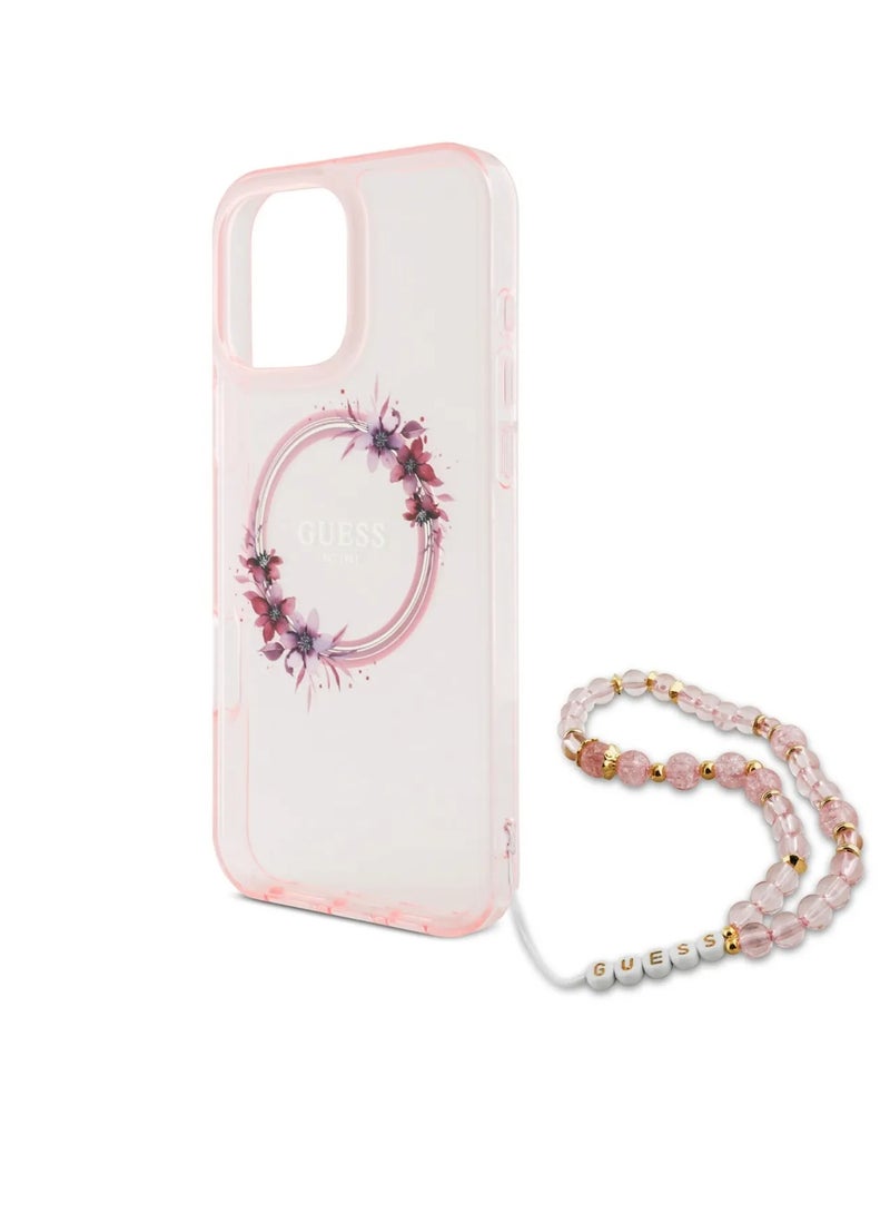 GUESS iPhone 16 Pro Max Magsafe Case IML Hard Cover with Flower Wreath Design & Pearl Strap / Shock Absorption / Precise Cutouts / Slim and Lightweight Back Cover - Pink  - Image 4